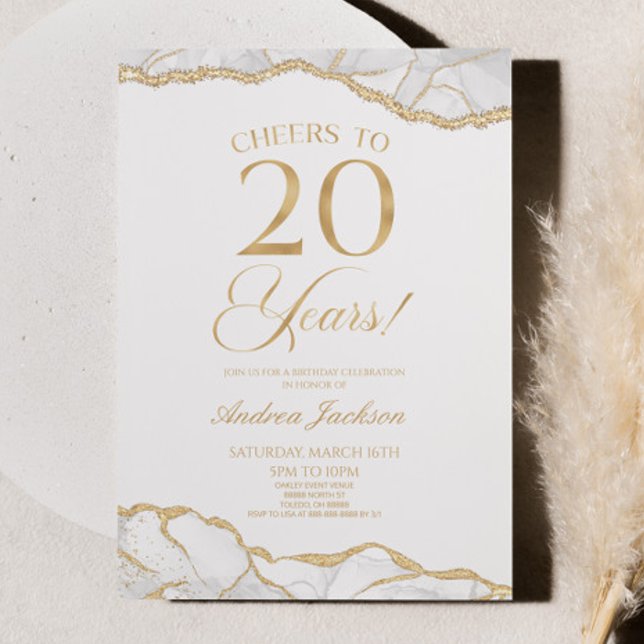 Elegant White Guld Agate 20:e Födelsedagsfesten Inbjudningar (Skapare uppladdad)