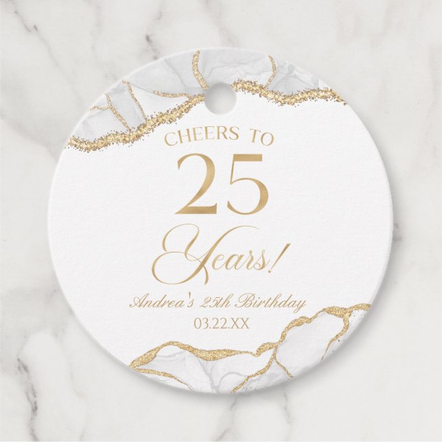 Elegant White Guld Agate 25:e Födelsedagsfesten Gåvor Etiketter (Framsida)