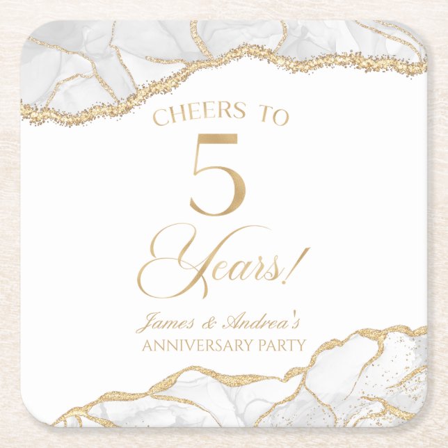 Elegant White Guld Agate 5-årsdagen Party Underlägg Papper Kvadrat (Framsidan)