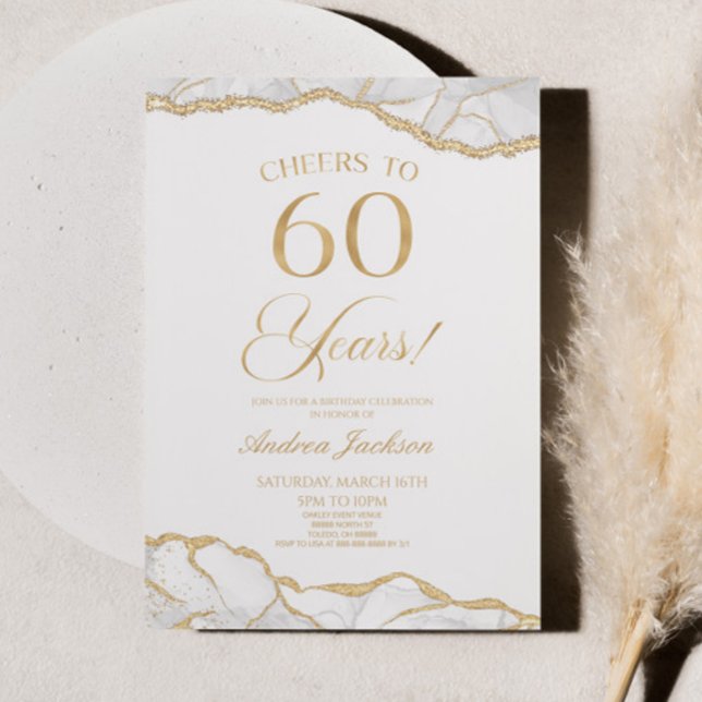 Elegant White Guld Agate 60:e Födelsedagsfesten Inbjudningar (Skapare uppladdad)