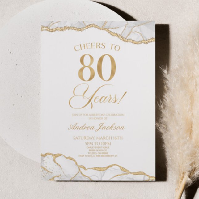 Elegant White Guld Agate 80:e Födelsedagsfesten Inbjudningar (Skapare uppladdad)