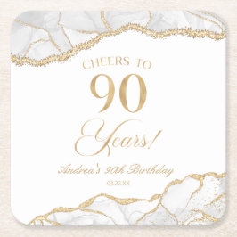 Elegant White Guld Agate 90:e Födelsedagsfest Underlägg Papper Kvadrat