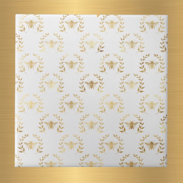 Elegant White Guld Bees Laurel Wand Kakelplatta (Skapare uppladdad)