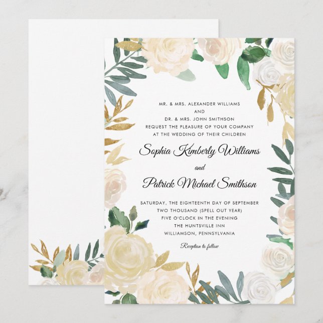 Elegant White Guld Blommigt | alla föräldrar som ä Inbjudningar (Fram/baksida)