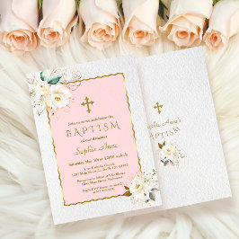Elegant White Guld Blommigt Kor Girl Baptism Inbjudningar