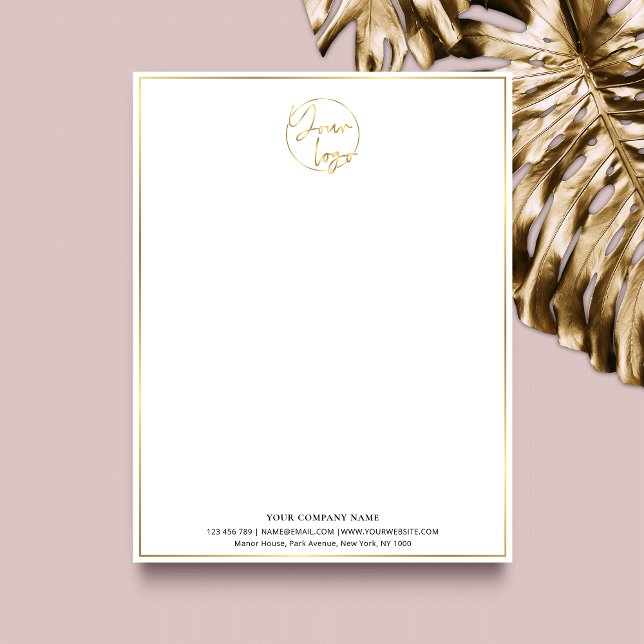 Elegant White & Guld Business Logotyp Luxury Brand Brevhuvud (Add a bit of luxurious glamour to your letterheads with this faux gold business letter design)