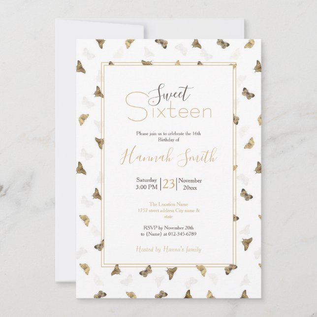 Elegant White Guld Butterflies Inbjudningar (Framsida)