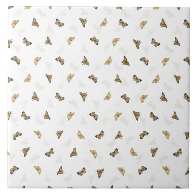 Elegant White Guld Butterflies Kakelplatta (Framsidan)