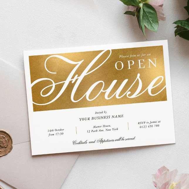Elegant White & Guld Corporate Office Open House Inbjudningar (Elegant White & Gold Corporate Office Open House Invitation)
