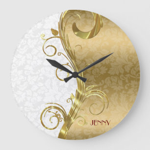 Elegant White Guld Damask Guld Swirls Stor Klocka