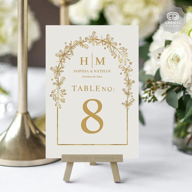 Elegant White Guld Flowers Blommigt Bröllop Bordsnummer (Elegant White Gold Flowers Floral Wedding Table Number)