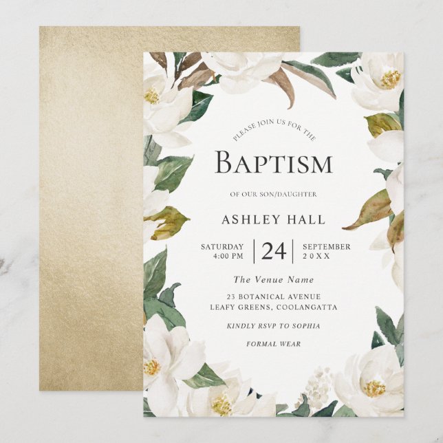 Elegant White Guld Flowers Boy eller Girl Baptism Inbjudningar (Fram/baksida)