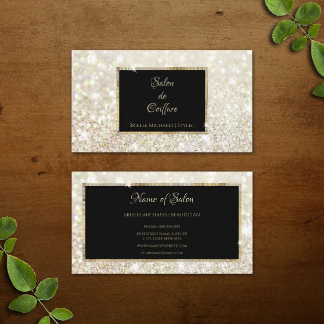 Elegant White Guld Glitter Black och Guld Salon Visitkort (Elegant White Gold Glitter Black and Gold Salon Business Cards)