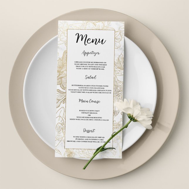 Elegant white guld grått marble blommigt Bröllop M Program (Elegant white gold gray marble floral Wedding Menu )