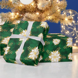 Elegant White Guld Grönt Poinsettia Flower Mönster Presentpapper