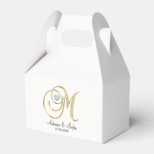 Elegant White Guld Heart Monogram M Bröllop Gift Presentaskar
