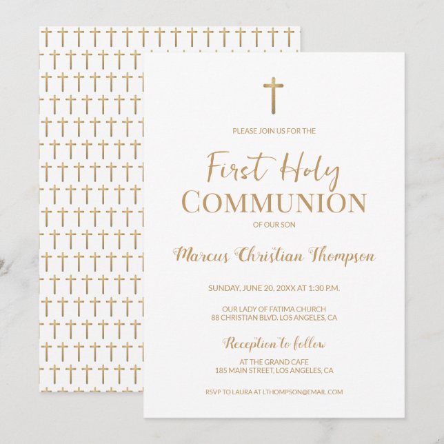 Elegant White Guld Kor Boy First heliga communion Inbjudningar (Fram/baksida)