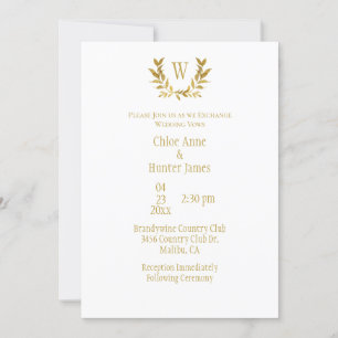 Elegant White Guld Löv Chic Monogram Bröllop Inbjudningar