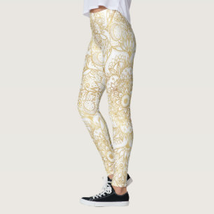 Elegant White Guld Mandala Blommigt Leggings