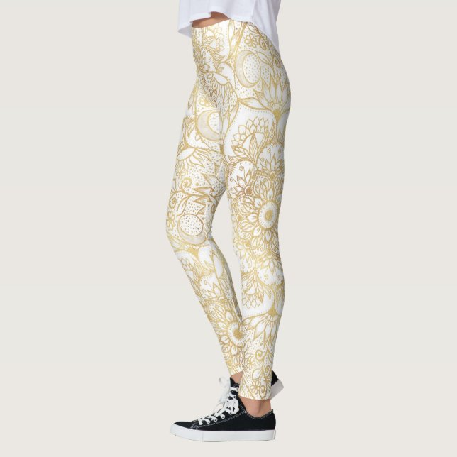 Elegant White Guld Mandala Blommigt Leggings (Vänster)