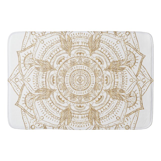 Elegant White & Guld Mandala Hand plockade Design Badrumsmatta (Framsidan)