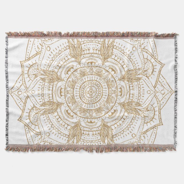 Elegant White & Guld Mandala Hand plockade Design Filt (Framsidan)