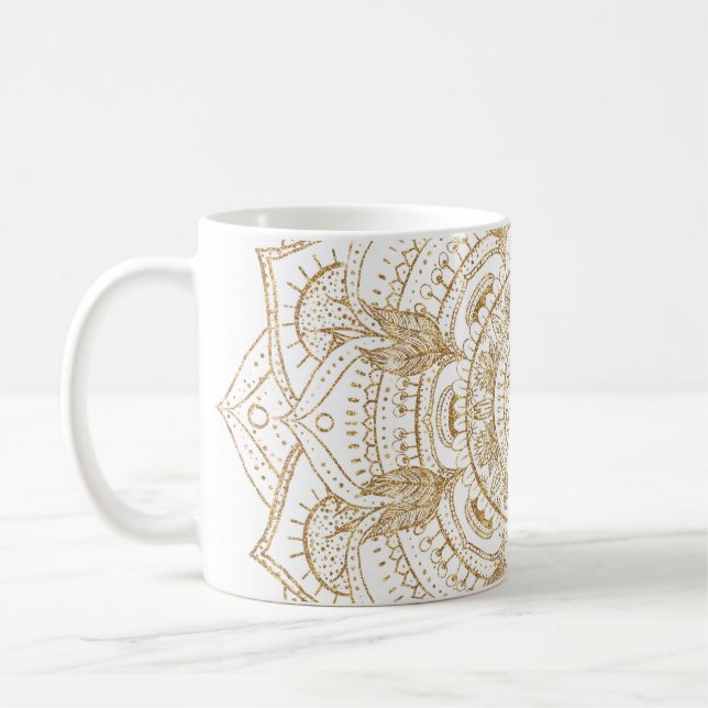 Elegant White & Guld Mandala Hand plockade Design Kaffemugg (Vänster)