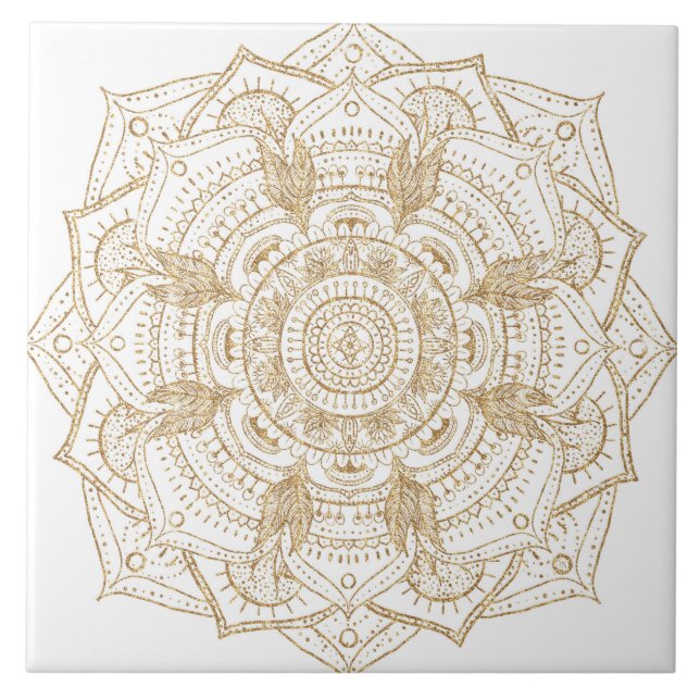 Elegant White & Guld Mandala Hand plockade Design Kakelplatta (Framsidan)