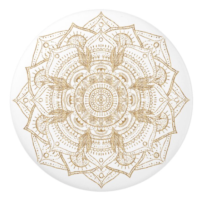 Elegant White & Guld Mandala Hand plockade Design Knopp (Framsidan)