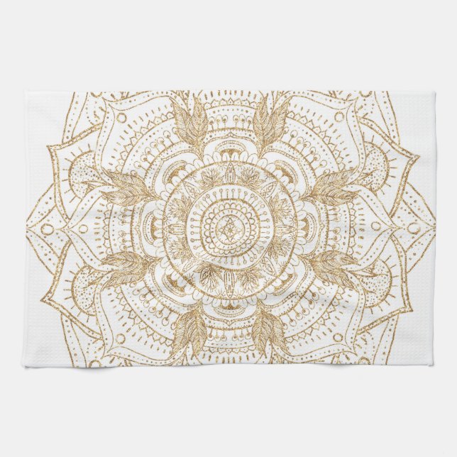 Elegant White & Guld Mandala Hand plockade Design Kökshandduk (Horisontell)