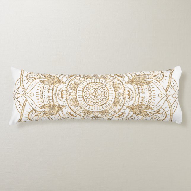 Elegant White & Guld Mandala Hand plockade Design Kroppskudde (Framsidan)