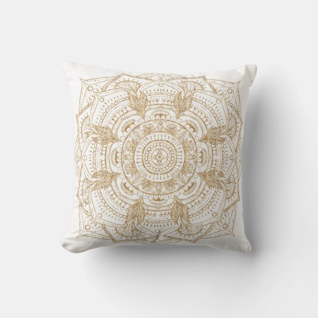 Elegant White & Guld Mandala Hand plockade Design Kudde (Framsida)