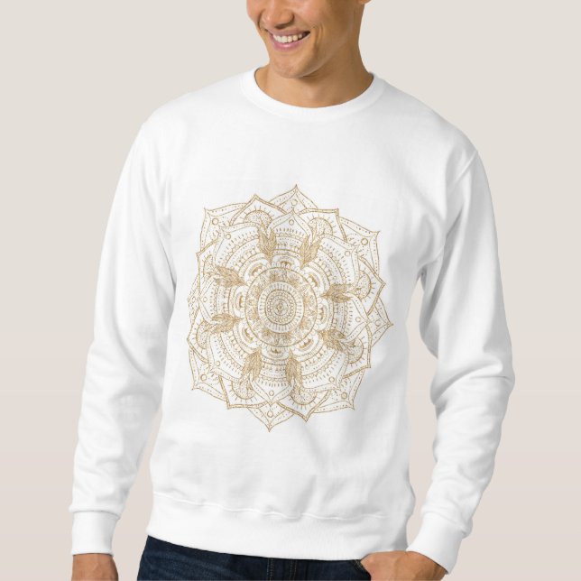 Elegant White & Guld Mandala Hand plockade Design Lång Ärmad Tröja (Framsida)