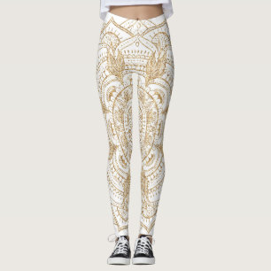 Elegant White & Guld Mandala Hand plockade Design Leggings