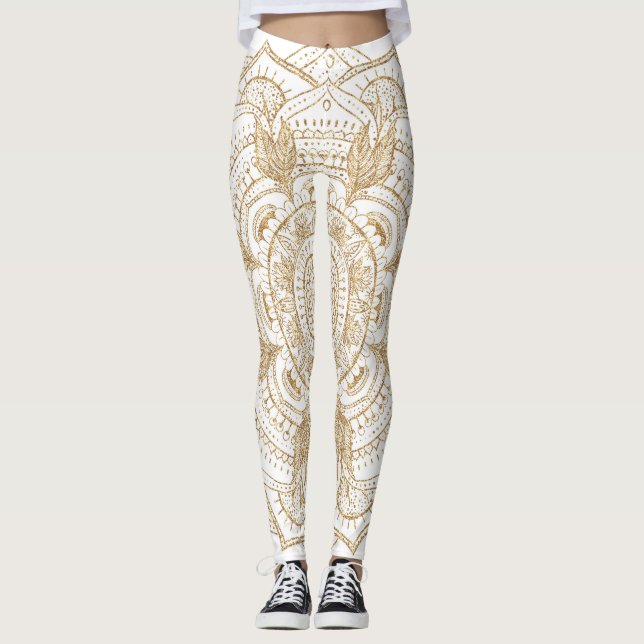 Elegant White & Guld Mandala Hand plockade Design Leggings (Framsida)