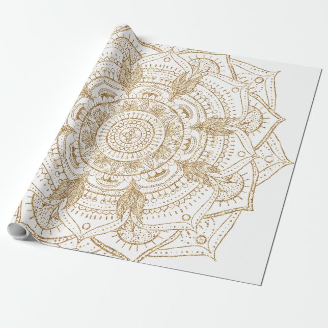 Elegant White & Guld Mandala Hand plockade Design Presentpapper (Utrullad)
