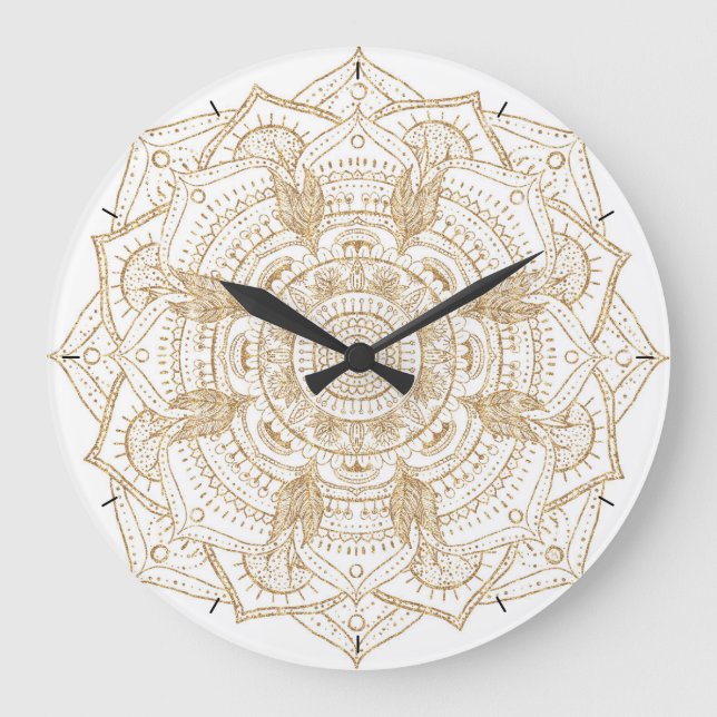 Elegant White & Guld Mandala Hand plockade Design Stor Klocka (Framsida)