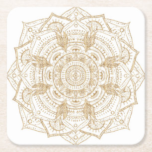 Elegant White & Guld Mandala Hand plockade Design Underlägg Papper Kvadrat
