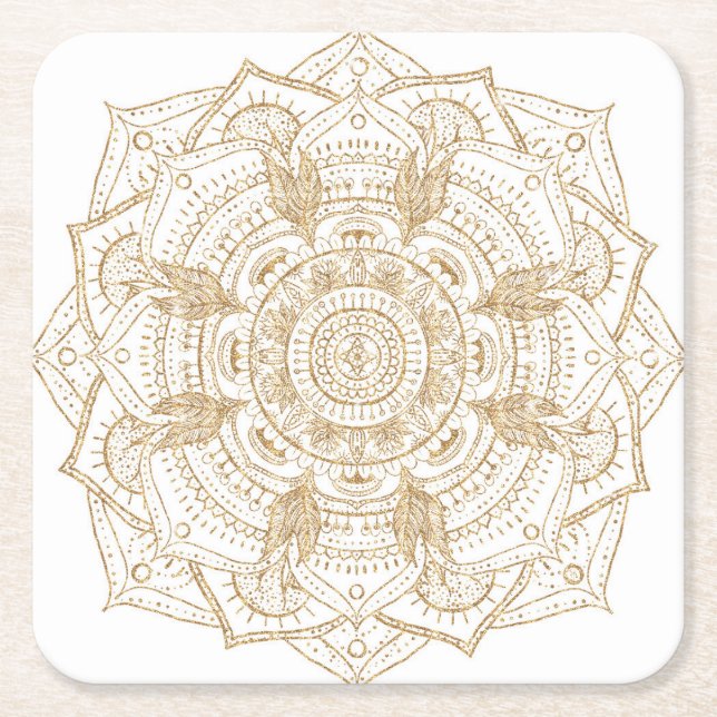 Elegant White & Guld Mandala Hand plockade Design Underlägg Papper Kvadrat (Framsidan)
