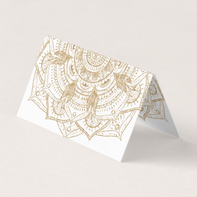 Elegant White & Guld Mandala Hand plockade Design Visitkort (Framsida)