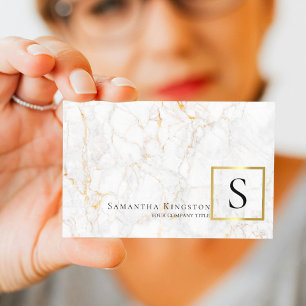 Elegant White & Guld Marble Monogram Visitkort