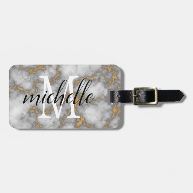 Elegant White Guld Marble | MonogramAnpassningsbar Bagagebricka (Horisontell Framsida)