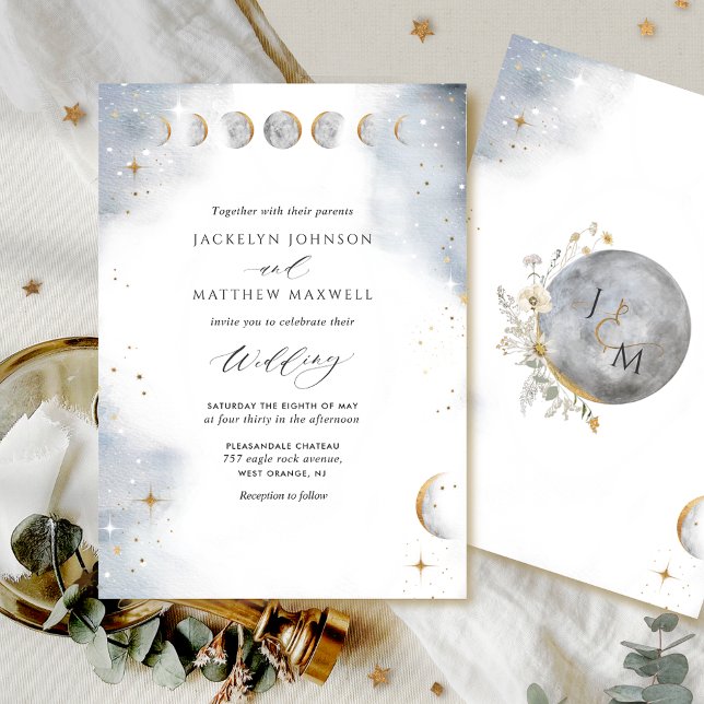 Elegant White, Guld och Silver Celestial Bröllop Inbjudningar (Skapare uppladdad)