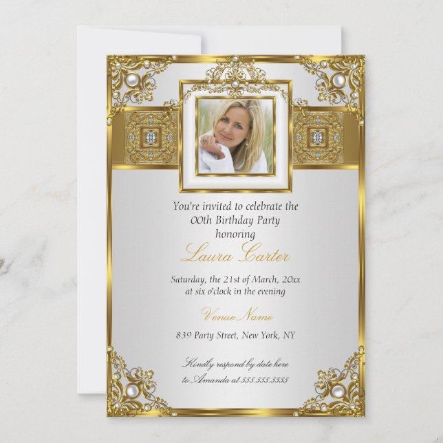 Elegant White Guld Pearl Damask Foto Birthday 2 Inbjudningar (Framsida)
