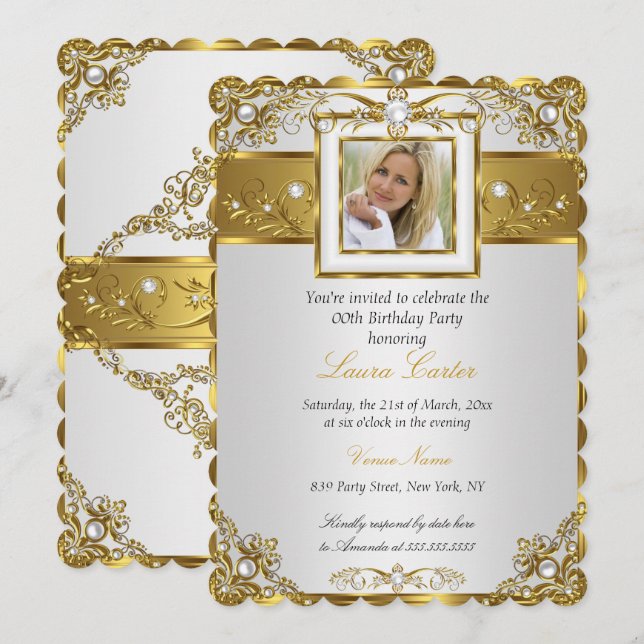Elegant White Guld Pearl Damask Foto Birthday 3 Inbjudningar (Fram/baksida)