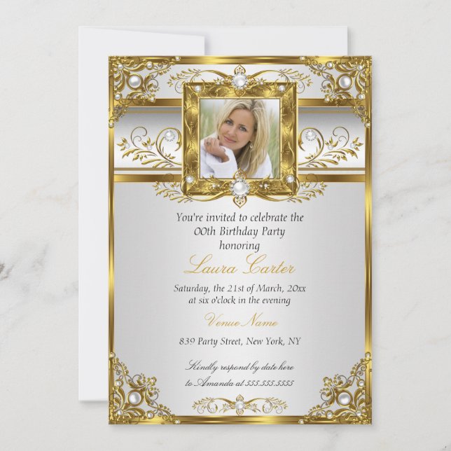 Elegant White Guld Pearl Damask Foto Birthday 4 Inbjudningar (Framsida)