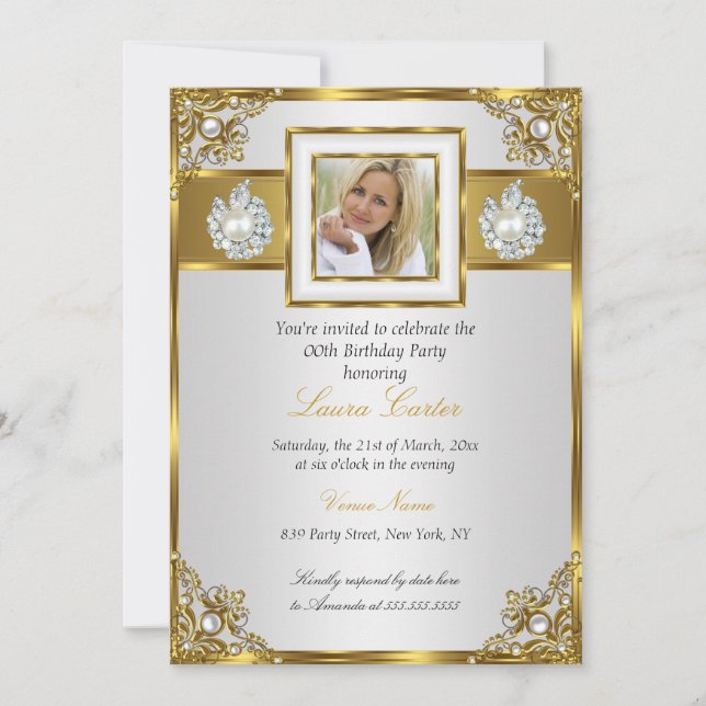 Elegant White Guld Pearl Damask Foto Birthday Inbjudningar (Framsida)