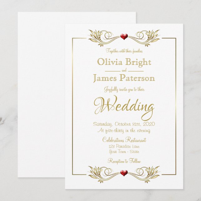Elegant White Guld Ram Red Heart Bröllop Inbjudningar (Fram/baksida)