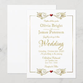Elegant White Guld Ram Red Heart Bröllop Inbjudningar