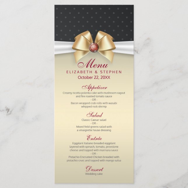 Elegant White Guld Ribbon Red Diamond Bröllop Menu Meny (Framsida)